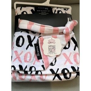 Bebe Baby Blanket & Head Band Set Pink Stripes Xoxo Reversible Mink New